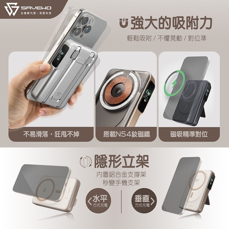 信星科技 救世 SAVEWO Qi2 多功能行動電源 10000mAh 可登機 自帶雙線 同步充放 MC1002Q2-細節圖8
