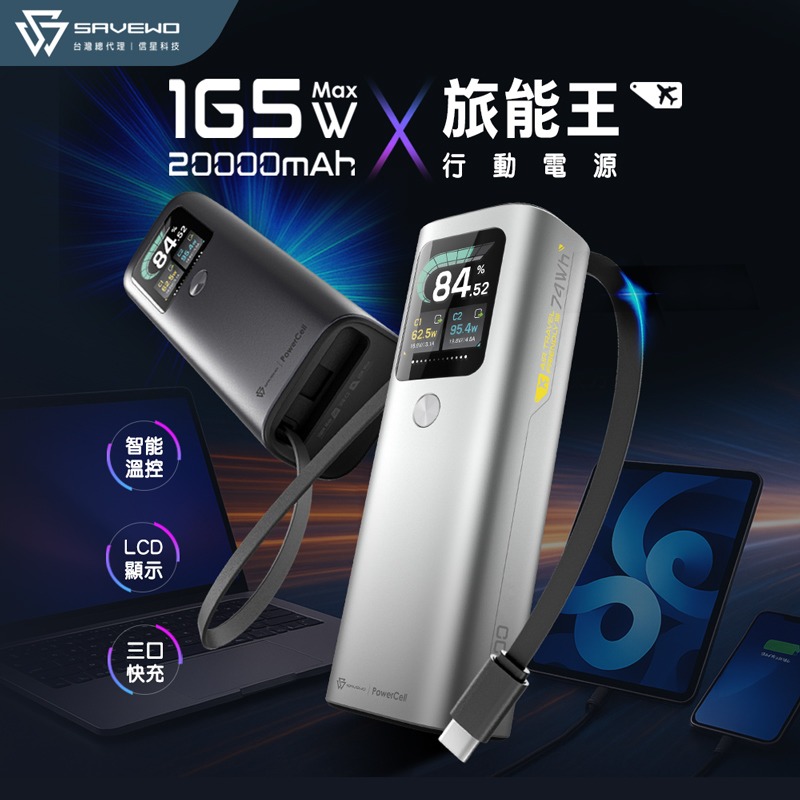 信星科技 救世 SAVEWO 旅能王 20000mAh 行動電源 165W 筆電充電 可上飛機 自帶線 PC20K1-細節圖3