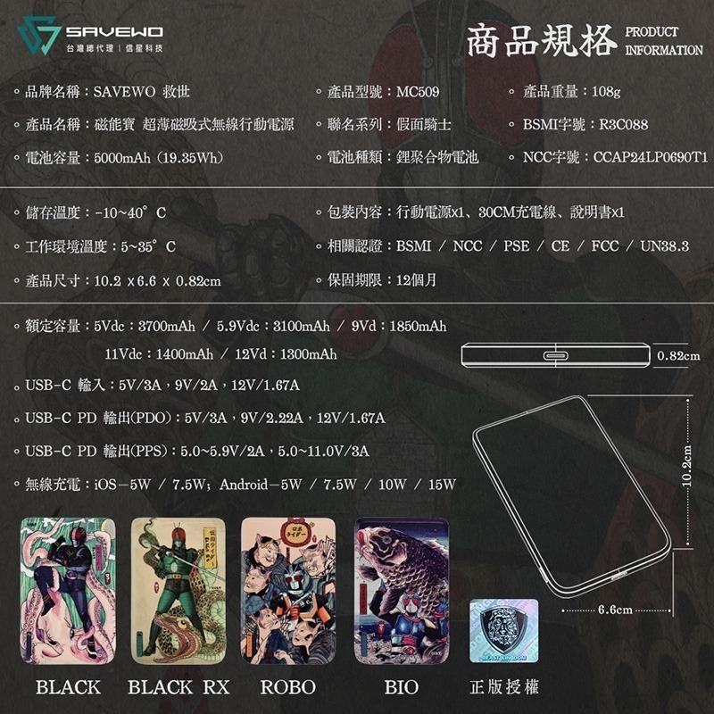 【7-ELEVEN 門市團購】信星科技 SAVEWO 救世 MC509 別天神 假面騎士 5000mAh 磁吸行動電源-細節圖10