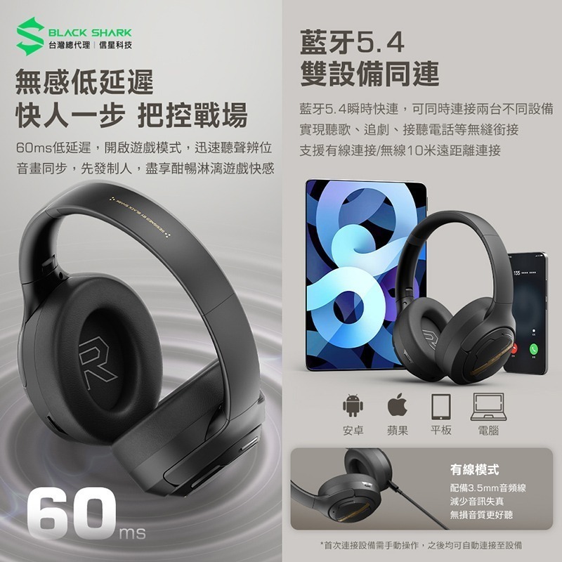 信星科技 黑鯊 BLACK SHARK BE30 鳳鳴頭戴式藍牙耳機 電競耳機 藍牙5.4 低延遲 支援APP 遊戲耳機-細節圖5