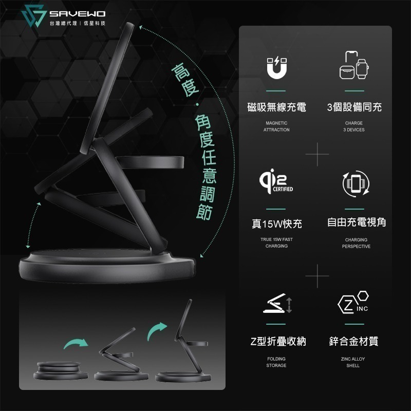 【7-ELEVEN 門市團購】信星科技 SAVEWO 救世 FlipDock Qi2 三合一旋磁座充-細節圖3