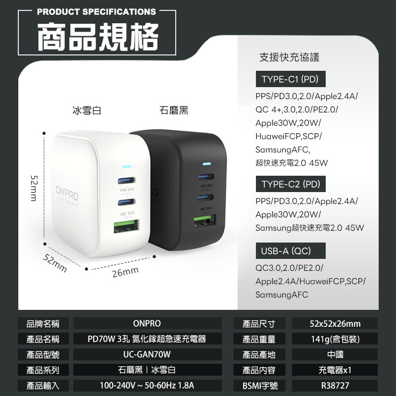 ONPRO UC-GAN70W Pro3 70W 3孔 氮化鎵超急速充電器 豆腐頭 充電頭 快充頭 PD快充 電源供應器-細節圖9