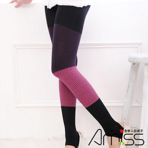 【Amiss】棉質保暖‧三色拼接踩腳褲襪 撞色褲襪 (4色) A608-1