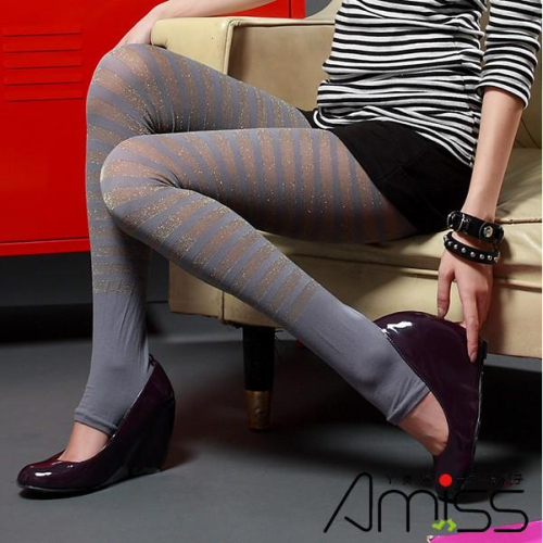 【Amiss】三合一‧條紋金蔥踩腳褲襪-斑馬造型(灰/金) C103-4
