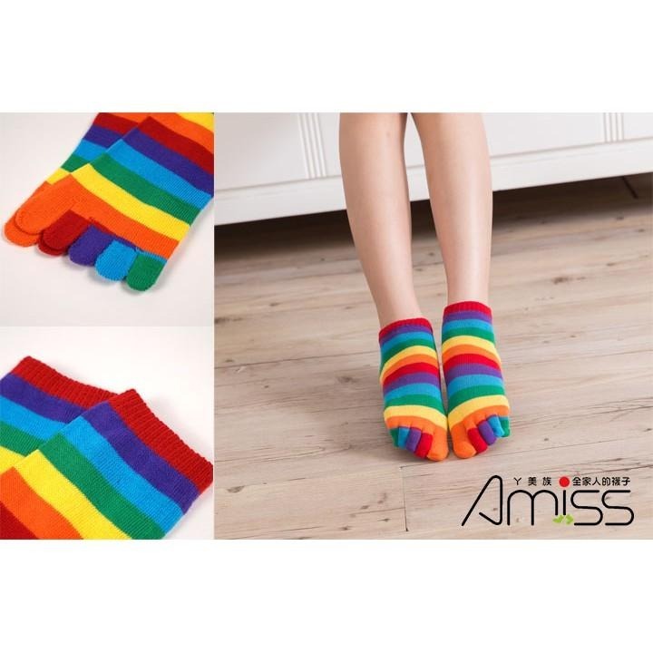 【Amiss】彩虹橫紋撞色五趾襪【多件組】 採紅襪 五指襪 短襪 (A622-7)-細節圖2