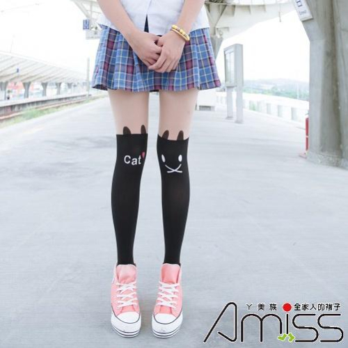 【Amiss】日系精緻造型褲襪 假大腿褲襪-cat閉嘴貓(Z408-107)