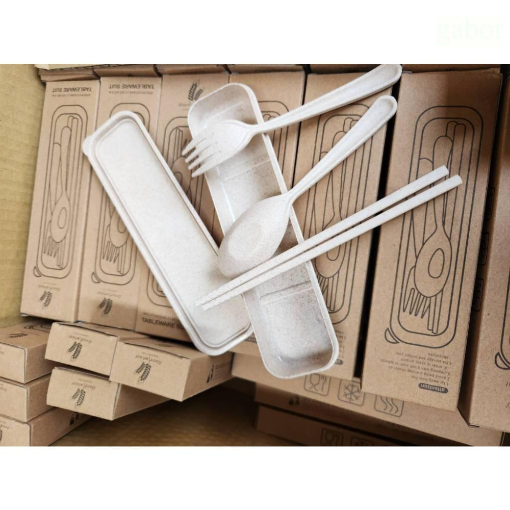 【現貨】 小麥秸稈餐具組  筷子 叉子 湯匙 三件套 環保餐具 家用餐具套裝 便攜旅行 餐具組-細節圖2