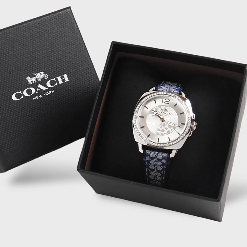 COACH Boyfriend 經典LOGO緹花織布晶鑽腕錶34mm(銀/丹寧藍色)-細節圖2