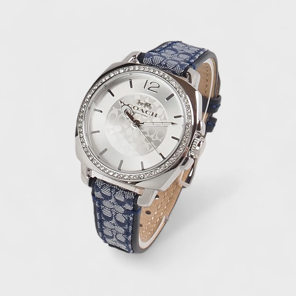 COACH Boyfriend 經典LOGO緹花織布晶鑽腕錶34mm(銀/丹寧藍色)-細節圖4
