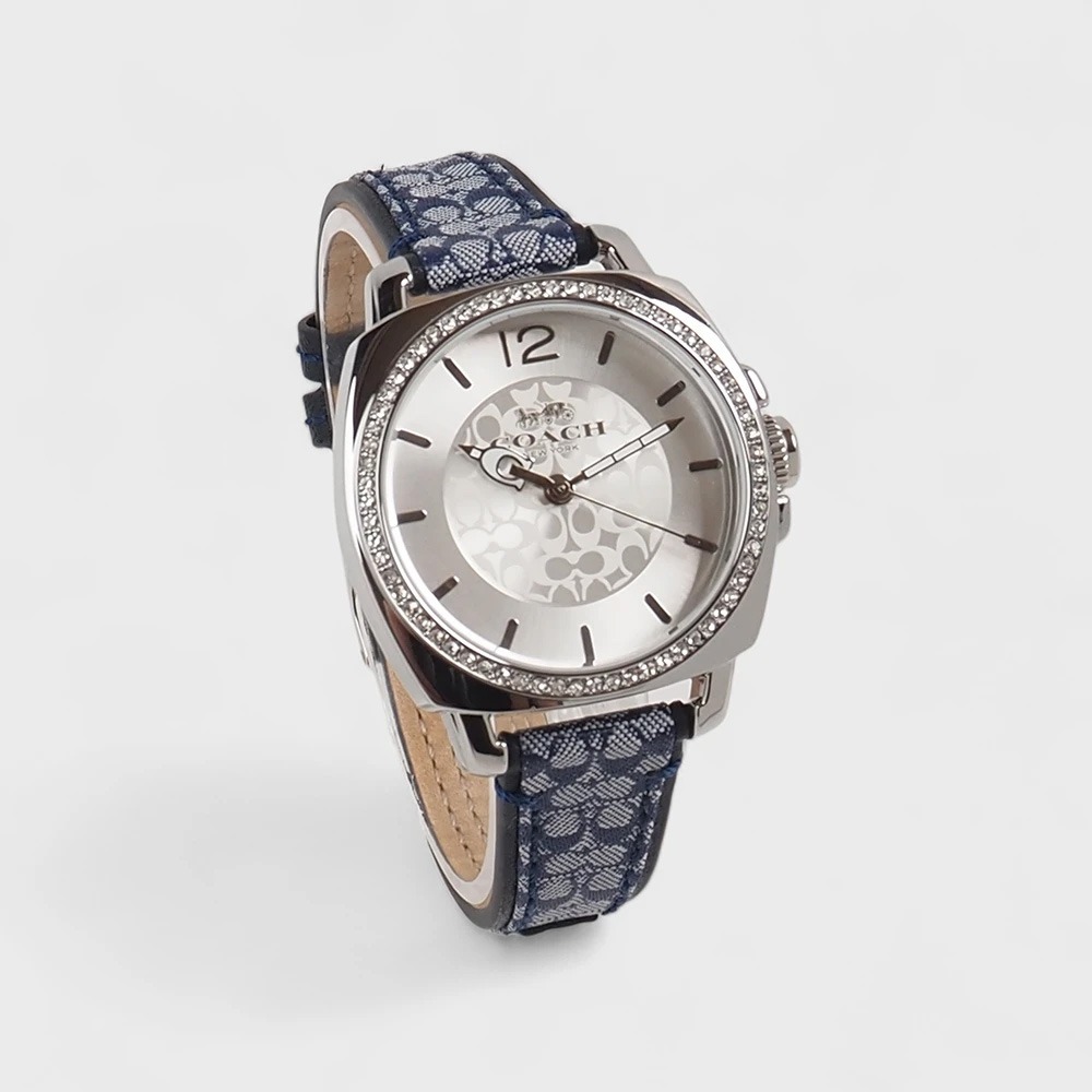 COACH Boyfriend 經典LOGO緹花織布晶鑽腕錶34mm(銀/丹寧藍色)-細節圖5