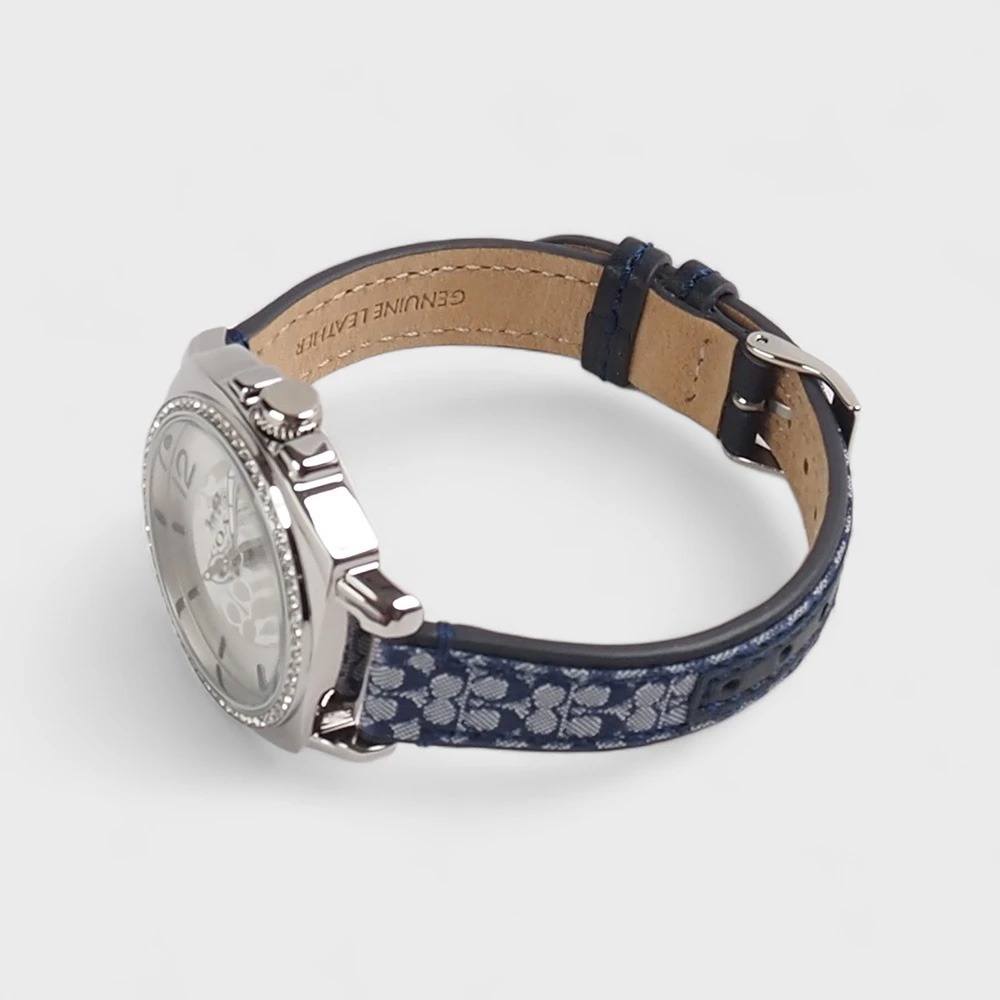 COACH Boyfriend 經典LOGO緹花織布晶鑽腕錶34mm(銀/丹寧藍色)-細節圖6