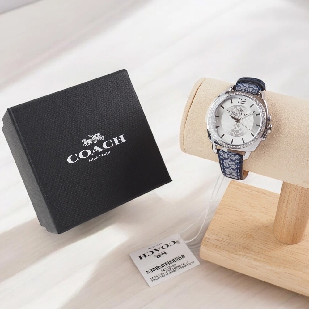 COACH Boyfriend 經典LOGO緹花織布晶鑽腕錶34mm(銀/丹寧藍色)-細節圖7