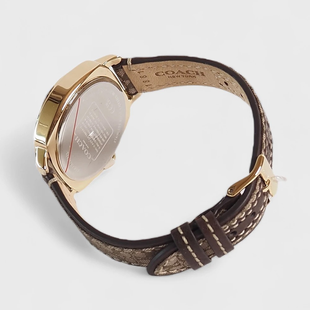 COACH Boyfriend 經典LOGO緹花織布晶鑽腕錶34mm(金/桃心木咖色)-細節圖4