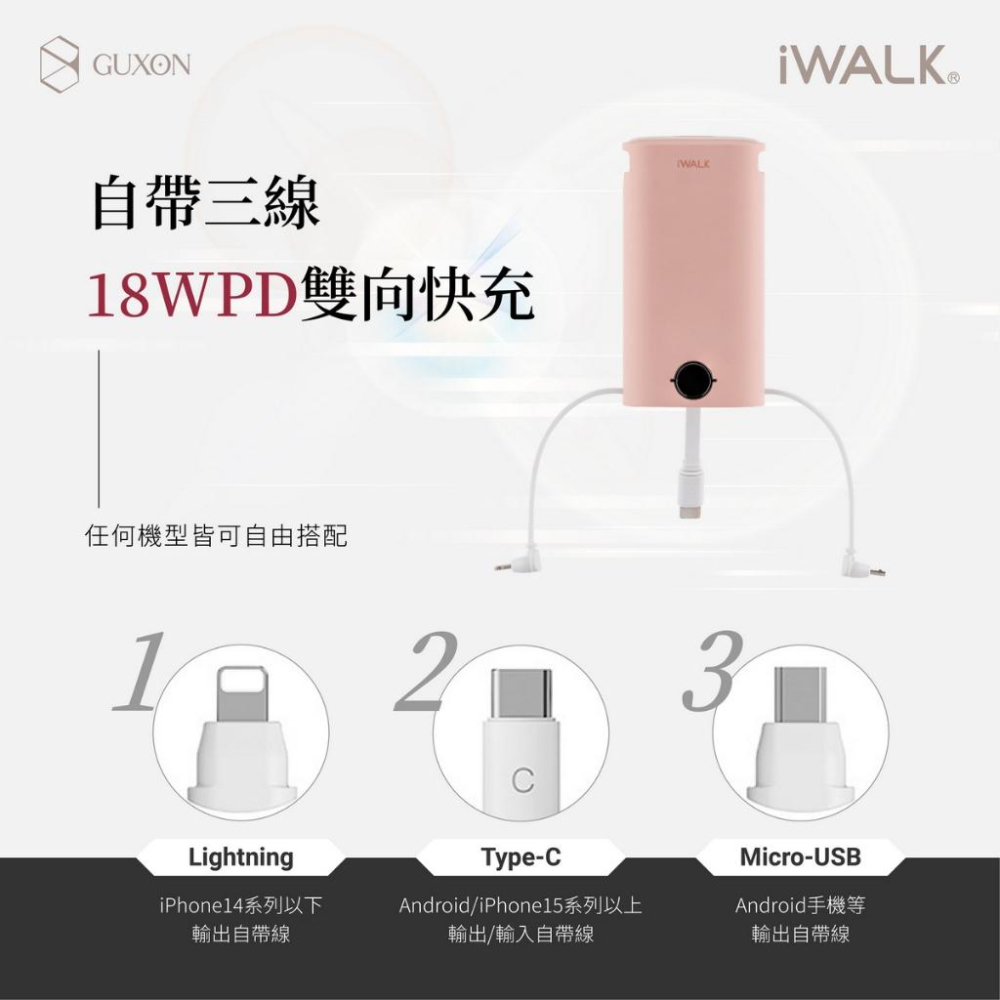 iWALK 小魷魚 免帶線PD快充行動電源 自帶 Lightning、TYPE-C、Micro-USB 線 充電器-細節圖7
