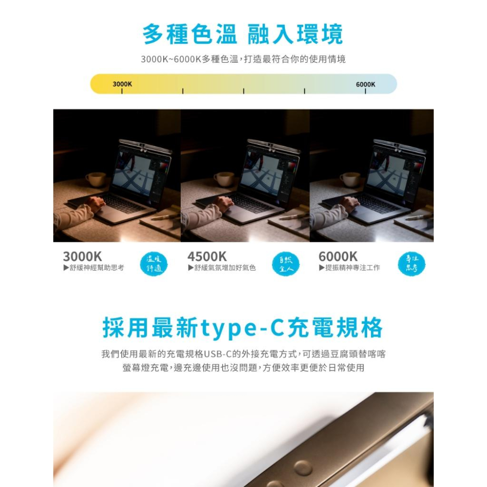 MOZTECH 喀喀螢幕燈 攜帶型螢幕掛燈 支援Type-c快充 電腦掛燈 可攜式筆電燈-細節圖6