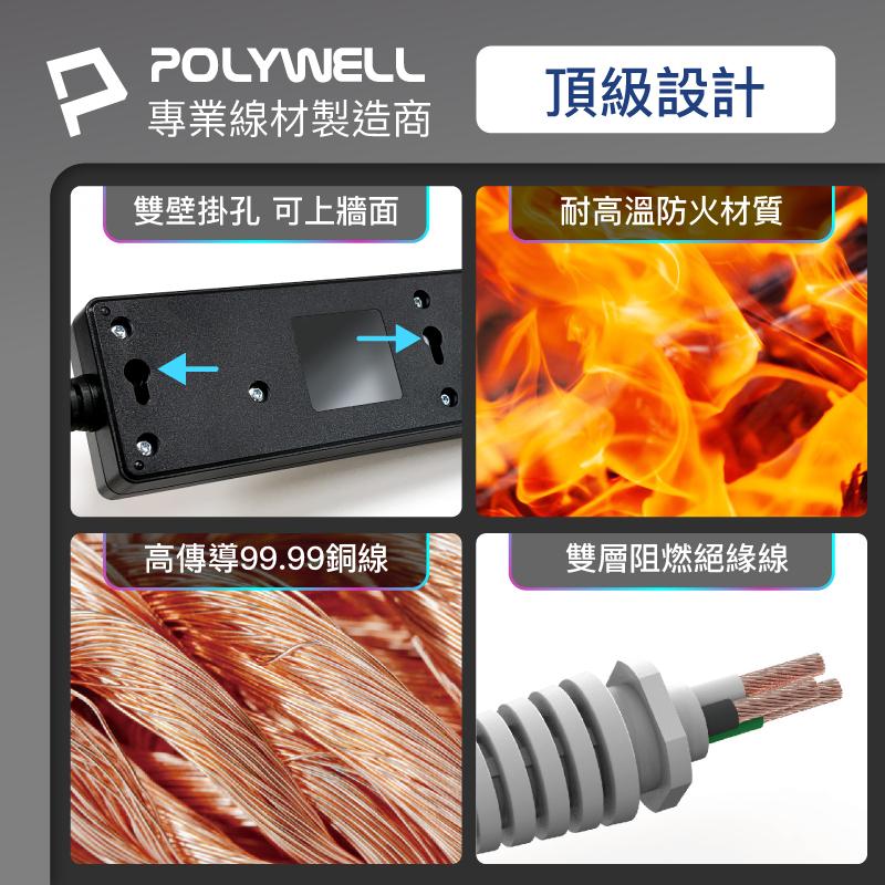 POLYWELL 65W USB閃充電源延長線 3切4座 GaN Type-C 過載保護 自動斷電 6尺1米8-細節圖5