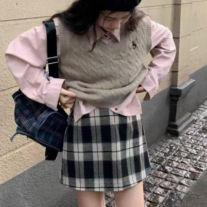 復古風 格紋 高腰學院風 格子褲裙   萬年不敗款 女生衣著-細節圖3