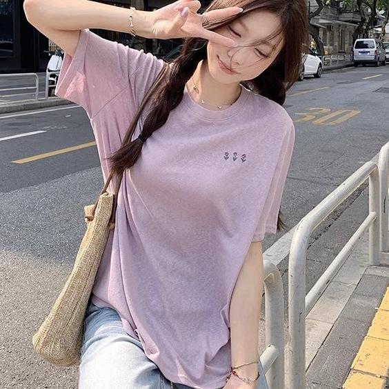 ✨台灣現貨✨玫瑰花 圓領 圖案印花 寬鬆T 大學T-細節圖5