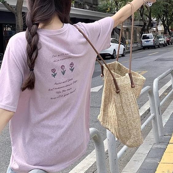 ✨台灣現貨✨玫瑰花 圓領 圖案印花 寬鬆T 大學T-細節圖6