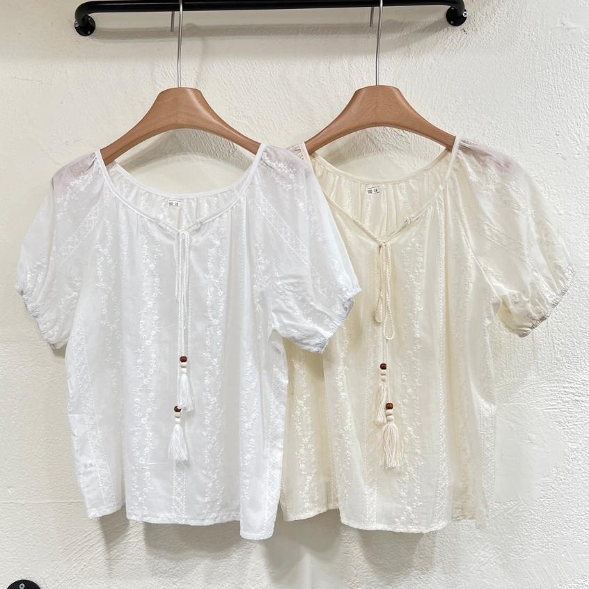 ✨現貨✨精緻刺繡 流蘇 綁帶 棉麻短袖上衣 女生衣著 批發-細節圖8