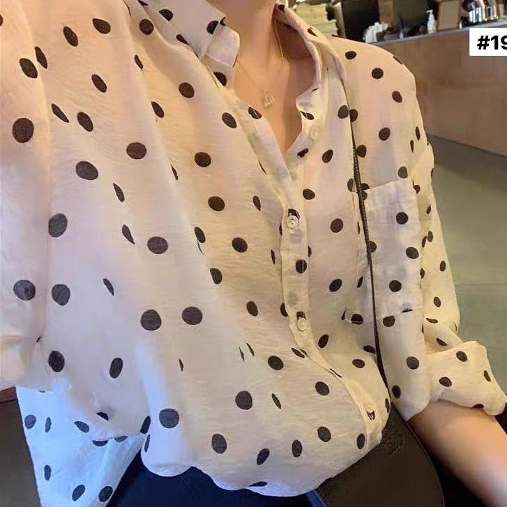 ✨台灣現貨✨點點杏色 波點 簡單時尚款襯衫 防曬上衣 女生衣著-細節圖6