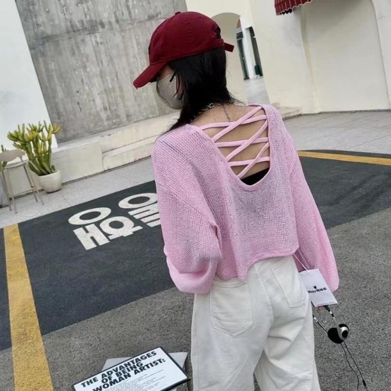 ✨台灣現貨✨三色可選 縷空 後交岔 美背印花 針織衫 短版上衣 女生衣著 批發-細節圖5