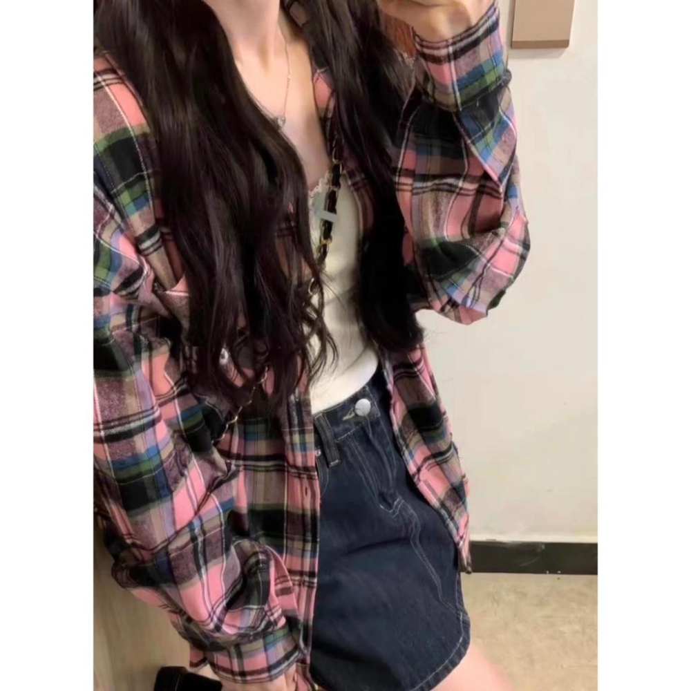 ✨台灣現貨✨薄款寬鬆 磨毛 復古 美式 格子襯衫 防曬外套 長袖上衣-細節圖2