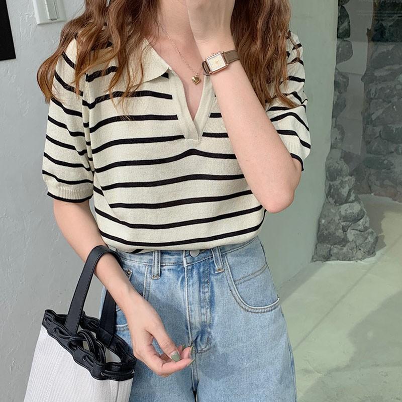 百搭 polo領 條紋撞色 短版上衣-細節圖2