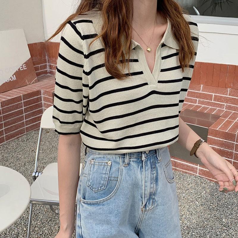 百搭 polo領 條紋撞色 短版上衣-細節圖3