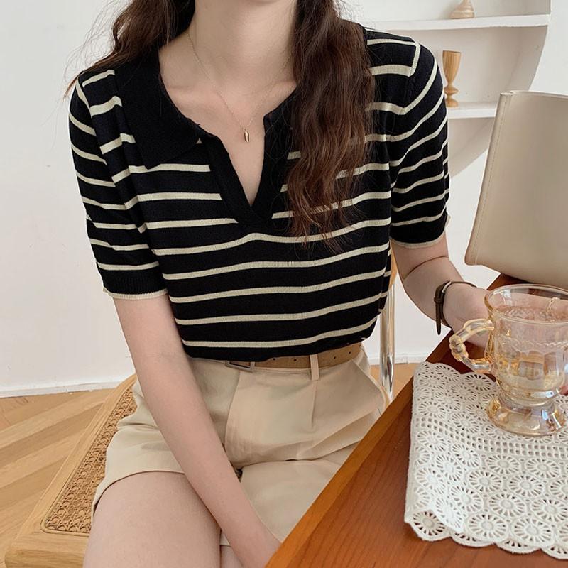 百搭 polo領 條紋撞色 短版上衣-細節圖4