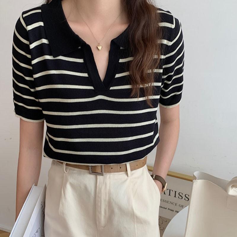 百搭 polo領 條紋撞色 短版上衣-細節圖5