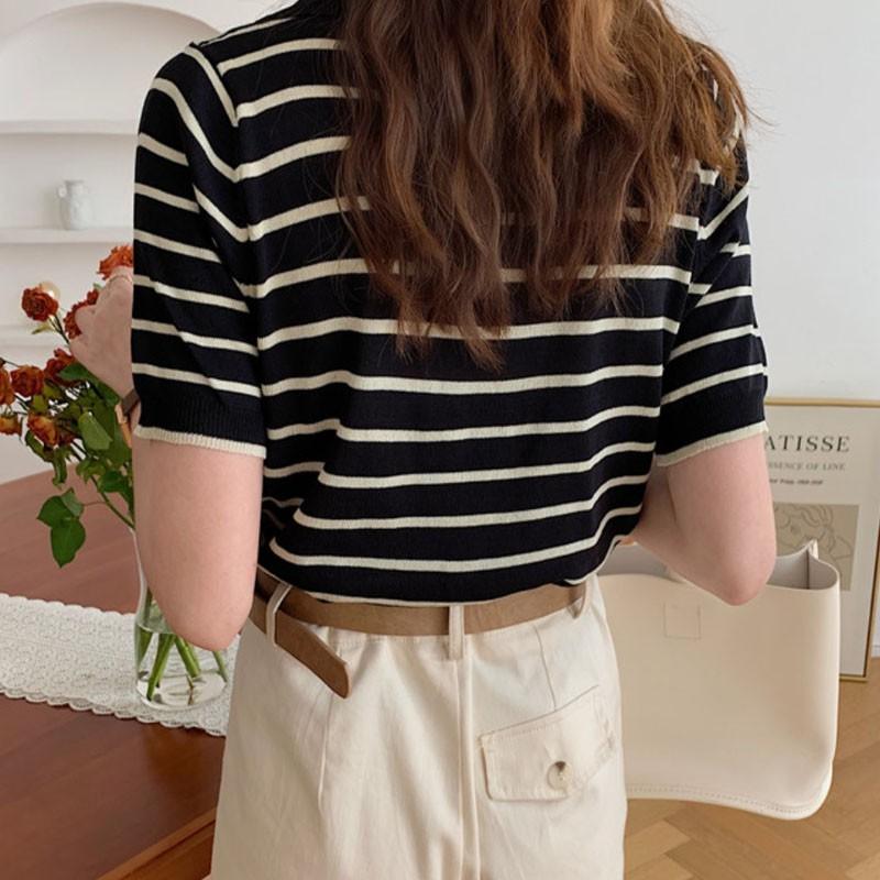 百搭 polo領 條紋撞色 短版上衣-細節圖7