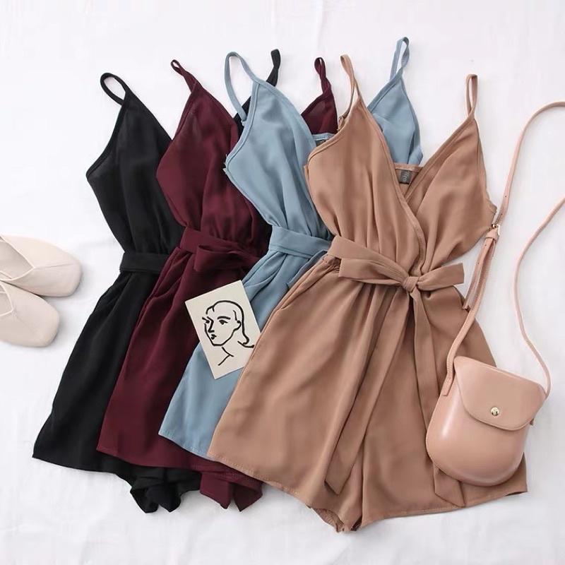 百搭 V領 收腰綁帶 吊帶 連身褲-細節圖4