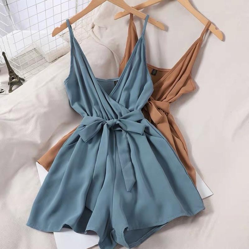 百搭 V領 收腰綁帶 吊帶 連身褲-細節圖5