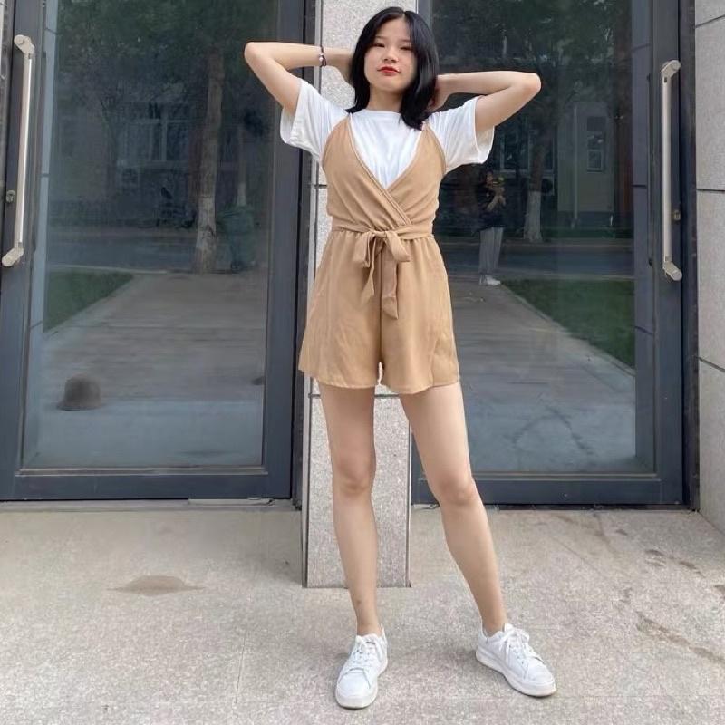 百搭 V領 收腰綁帶 吊帶 連身褲-細節圖8