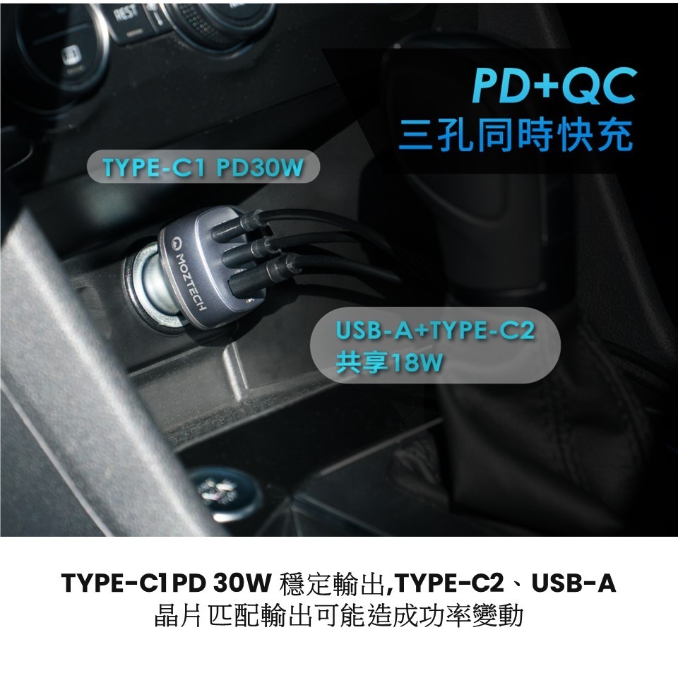 MOZTECH 48W車充 快充三孔 車用充電器PD3.0車充 2C+1A 【MO-A0006】-細節圖6