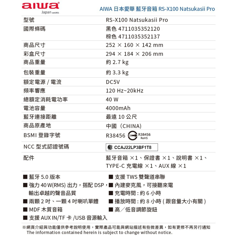 AIWA 日本愛華 藍牙喇叭 RS-X100 Natsukasii Pro (IX01/IX02)藍牙音箱-細節圖11