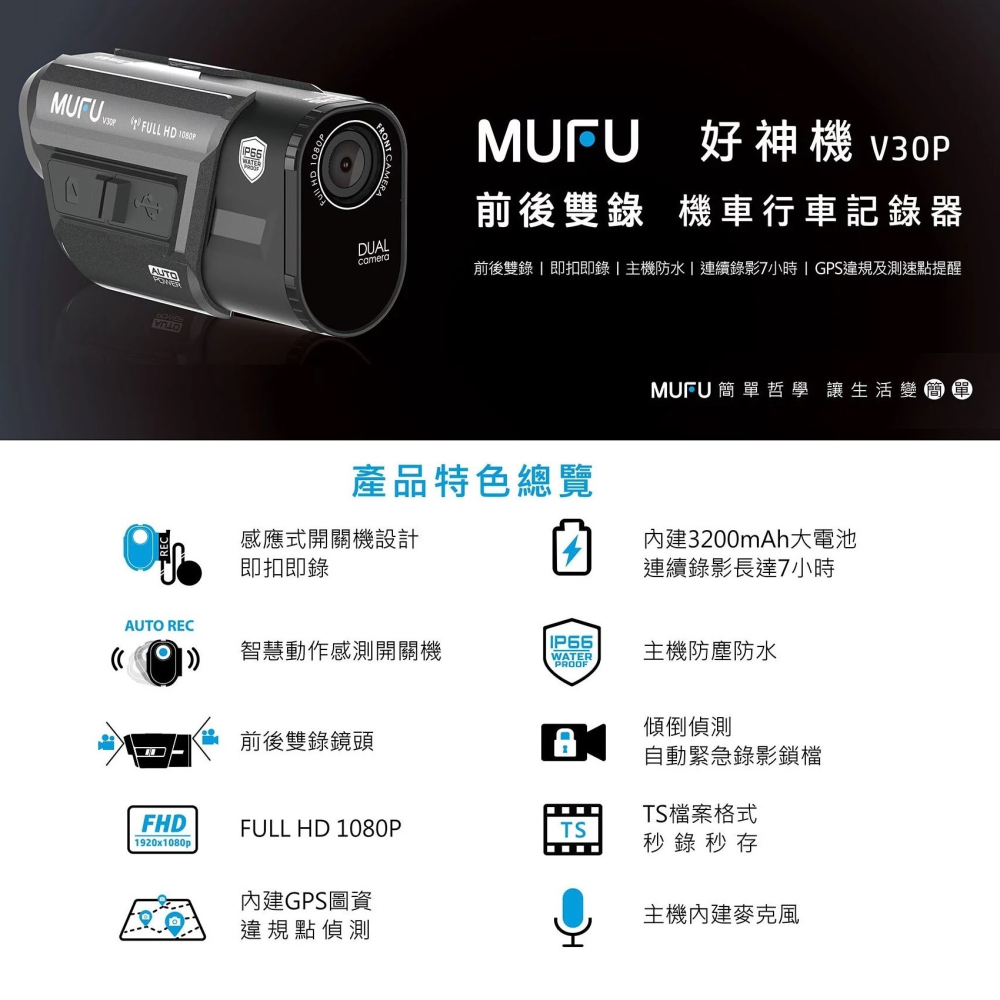 【MUFU】前後雙錄機車行車記錄器好神機(贈64GB記憶卡)-細節圖2