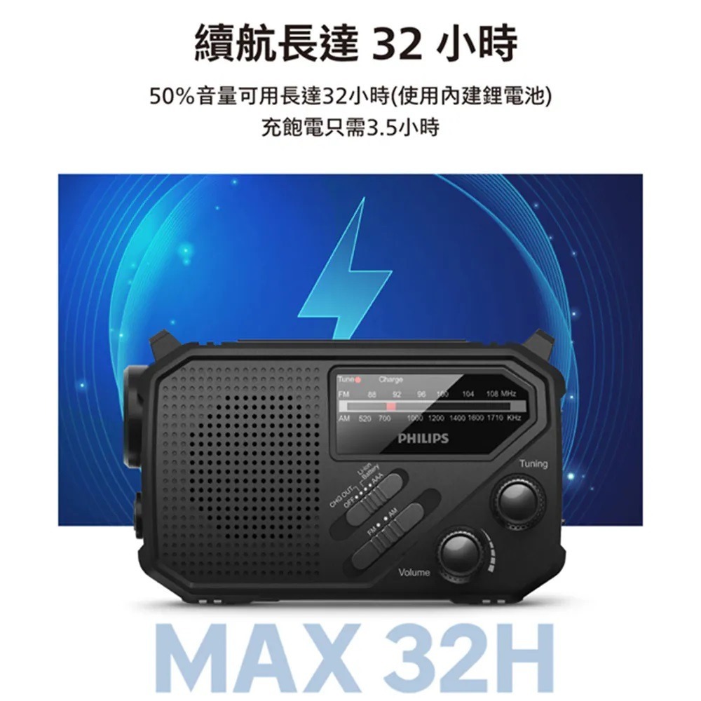 【現貨】PHILIPS TAR1609 防災手搖式收音機 緊急照明 緊急電源 手搖充電 太陽能充電-細節圖9