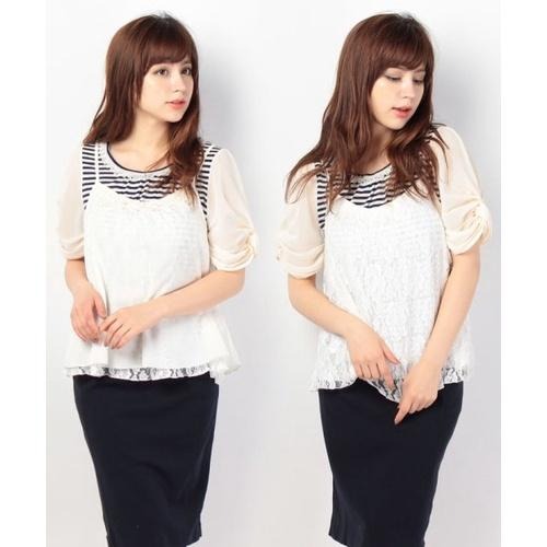 日本 日系 axes femme 原單 夏季女裝 新款 甜美百搭蕾絲帶 兩件套短袖T恤衫-細節圖2