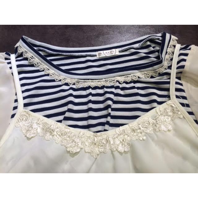 日本 日系 axes femme 原單 夏季女裝 新款 甜美百搭蕾絲帶 兩件套短袖T恤衫-細節圖4