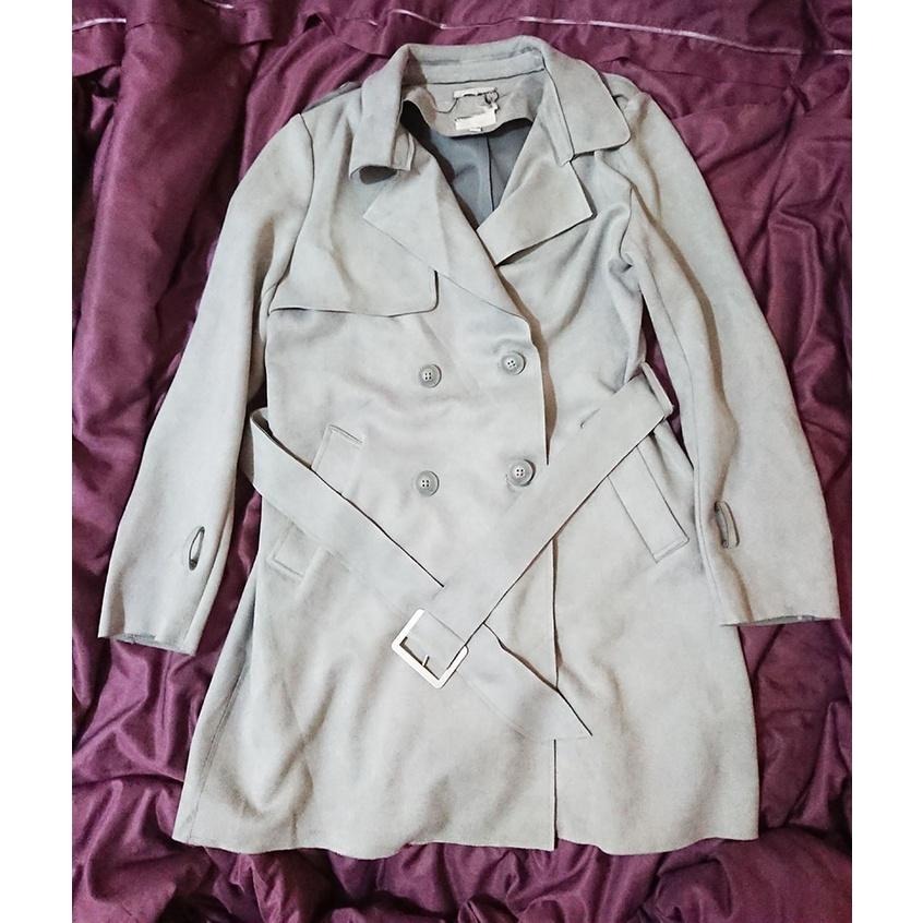 通勤 基礎款 素色 仿麂皮風衣 霧霾藍 灰藍色-細節圖4