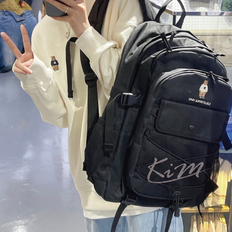 韓國WHO.A.U 熊熊 刺繡 背包 網格透視後背包 書包 旅行包who a u男女通用-細節圖3