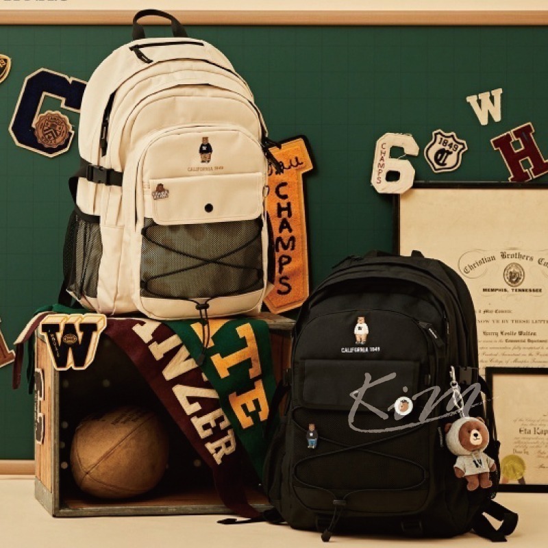 韓國WHO.A.U 熊熊 刺繡 背包 網格透視後背包 書包 旅行包who a u男女通用-細節圖4