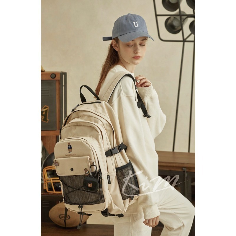 韓國WHO.A.U 熊熊 刺繡 背包 網格透視後背包 書包 旅行包who a u男女通用-細節圖6