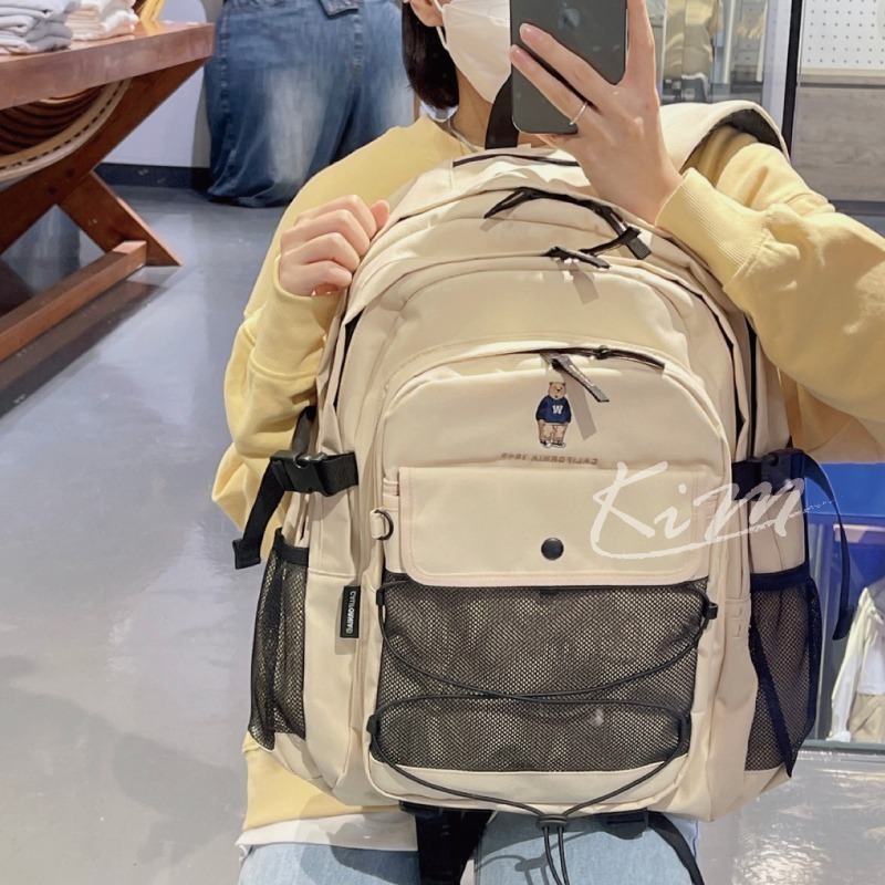 韓國WHO.A.U 熊熊 刺繡 背包 網格透視後背包 書包 旅行包who a u男女通用-細節圖10