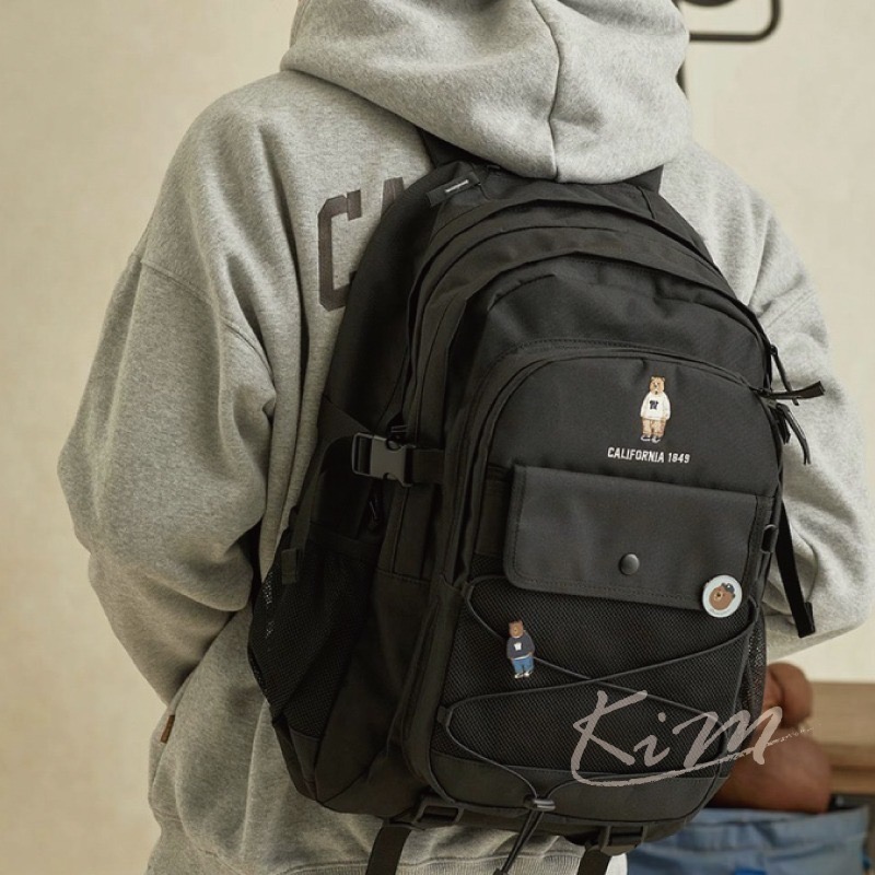 韓國WHO.A.U 熊熊 刺繡 背包 網格透視後背包 書包 旅行包who a u男女通用-細節圖2