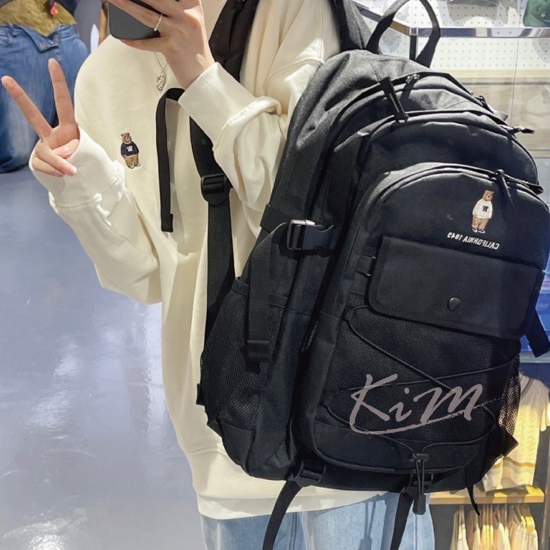 韓國WHO.A.U 熊熊 刺繡 背包 網格透視後背包 書包 旅行包who a u男女通用-細節圖3