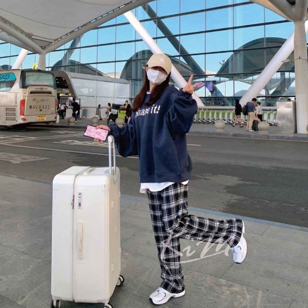 Acover 格紋長褲 格紋褲 格子褲 格子長褲 純棉 寬鬆 黑 藍-細節圖4