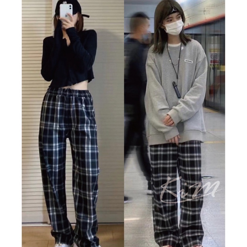 Acover 格紋長褲 格紋褲 格子褲 格子長褲 純棉 寬鬆 黑 藍-細節圖6
